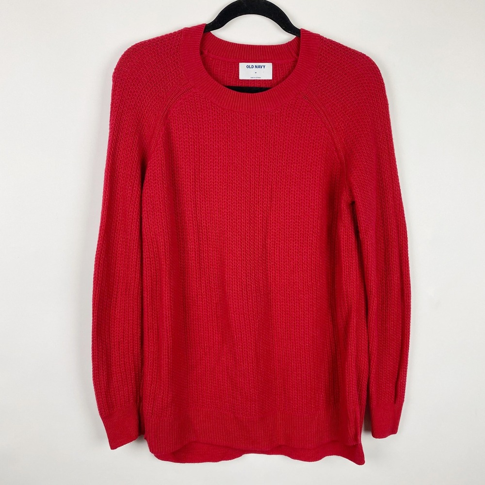 Old Navy Womens Red Waffle Knit‎ Textured Crew Neck Sweater Long Sleeve Size M